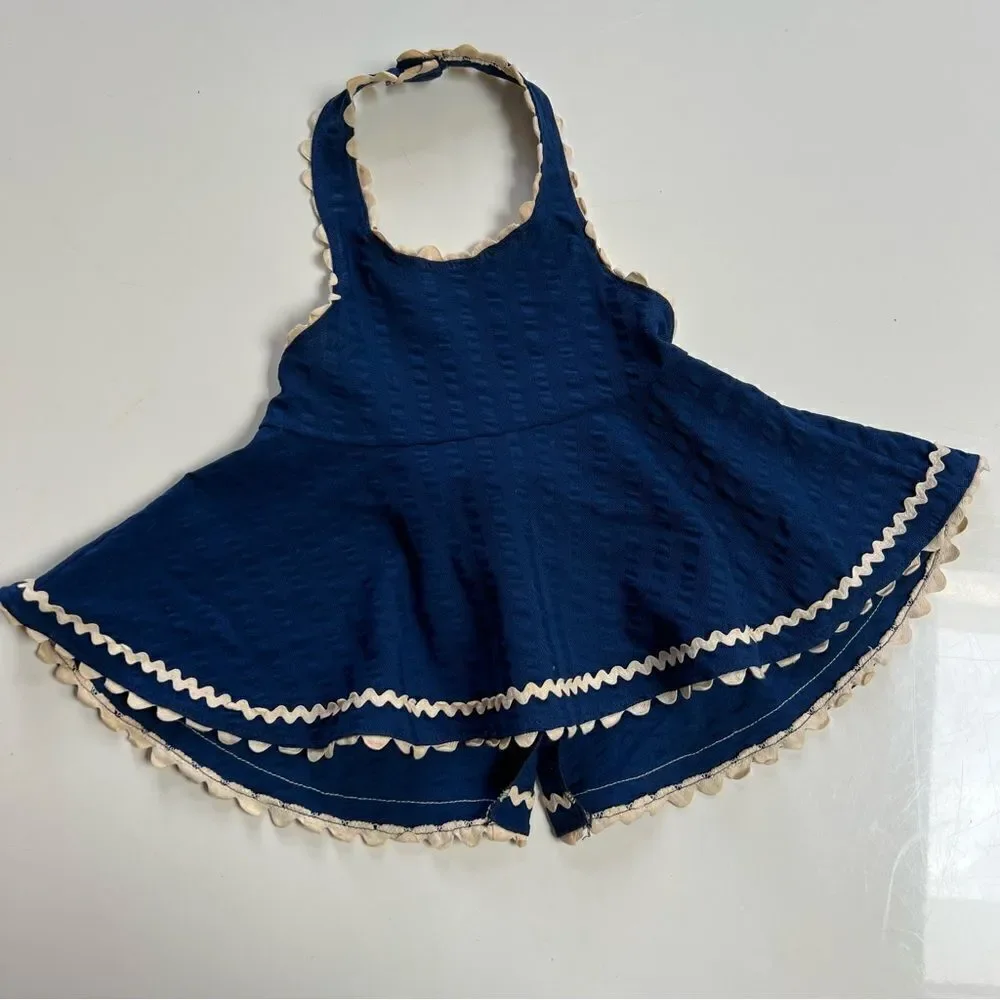 Vintage 1970s Apron Style Tie Belt Swing Halter Dress with Scalloped Trim - Picture 4 of 7